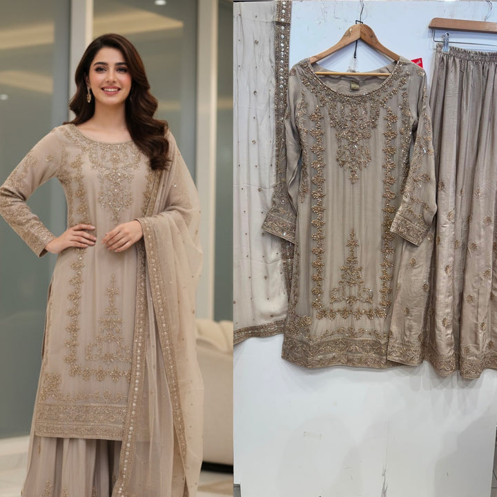 347C - Beige Embroidered Chiffon 3 Piece Suit