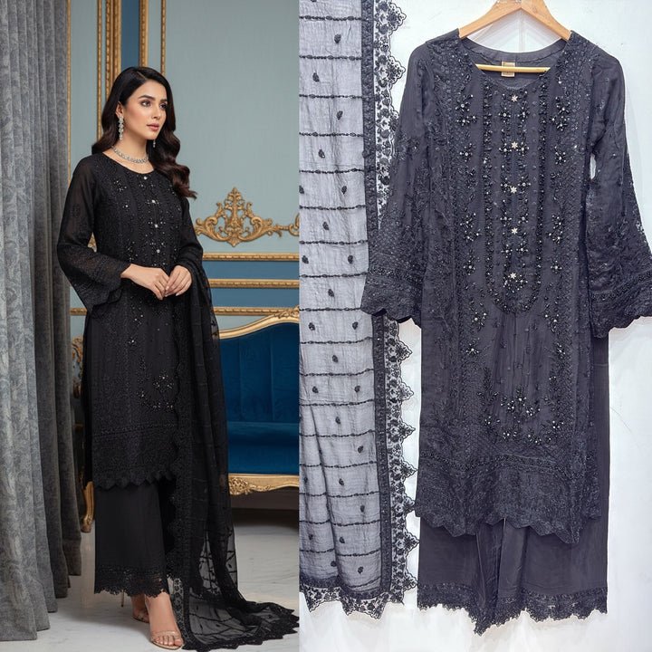327A- Black Embroidered Chiffon 3 Piece Suit