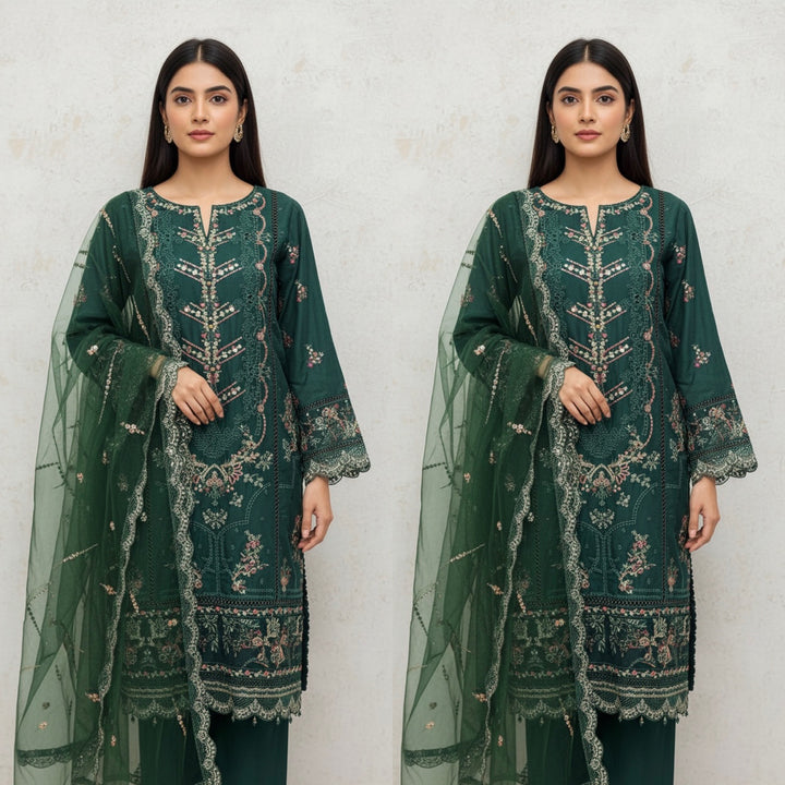 77C - Maria b inspired Green Embroidered Cotton suit