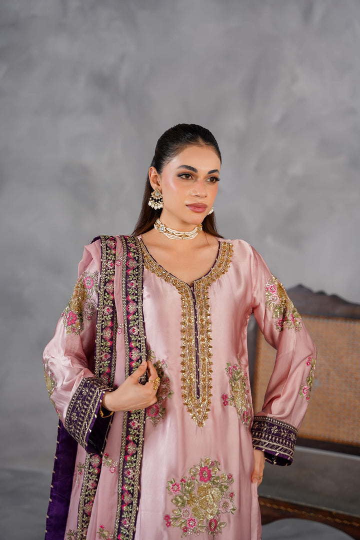 335G- Pink Embroidered Shamoz Silk 3 Piece Suit