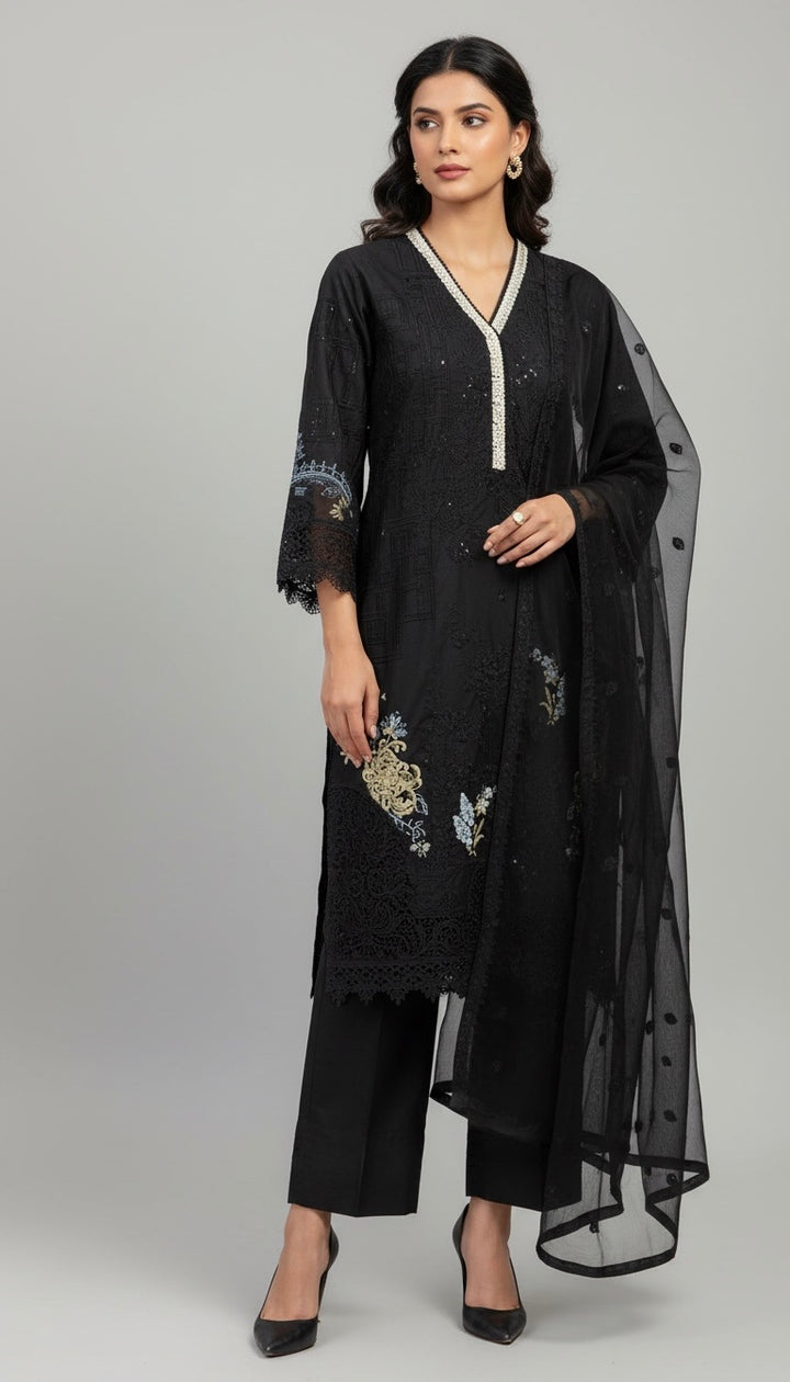 1117B - Black Embroidered Cotton 3 Piece suit