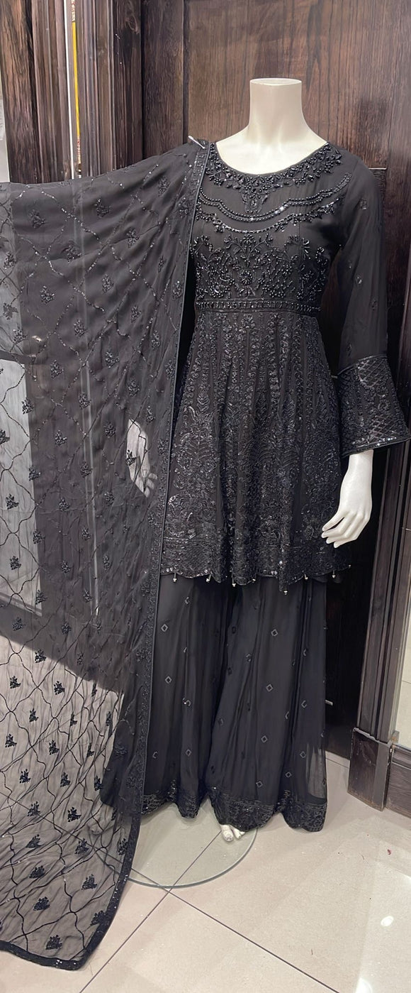 BLACK EMBROIDERED CHIFFON SHARARA SUIT 347G