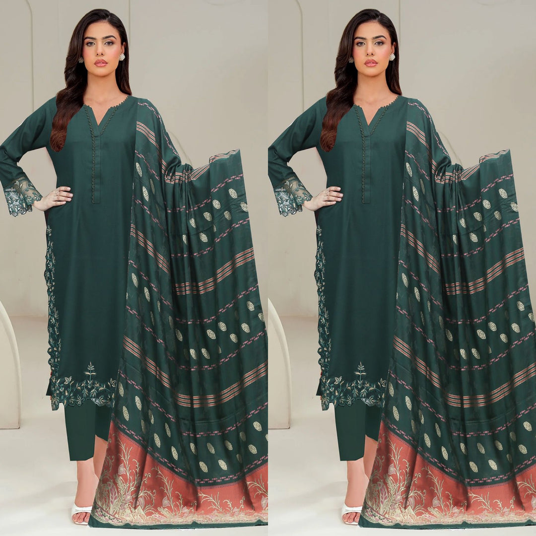 DL04- GREEN DHANAK LINEN EMBROIDERED SUIT