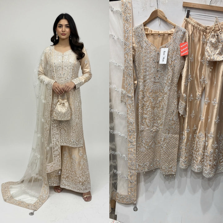 178A -BEIGE GOLD EMBROIDERED & EMBELLISHED NET SUIT