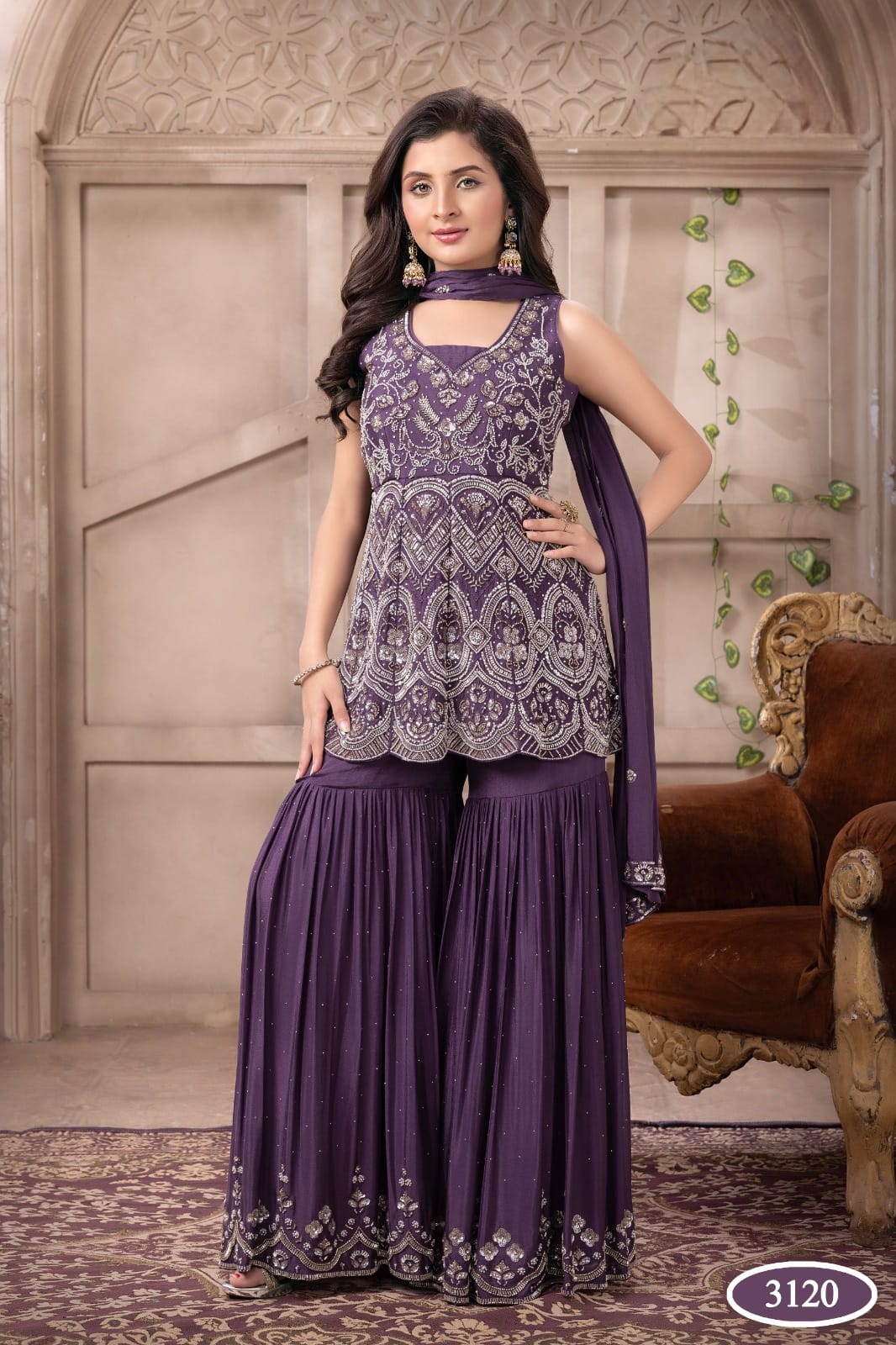 3120A - Girls’ Purple Embroidered Georgette Sharara dress
