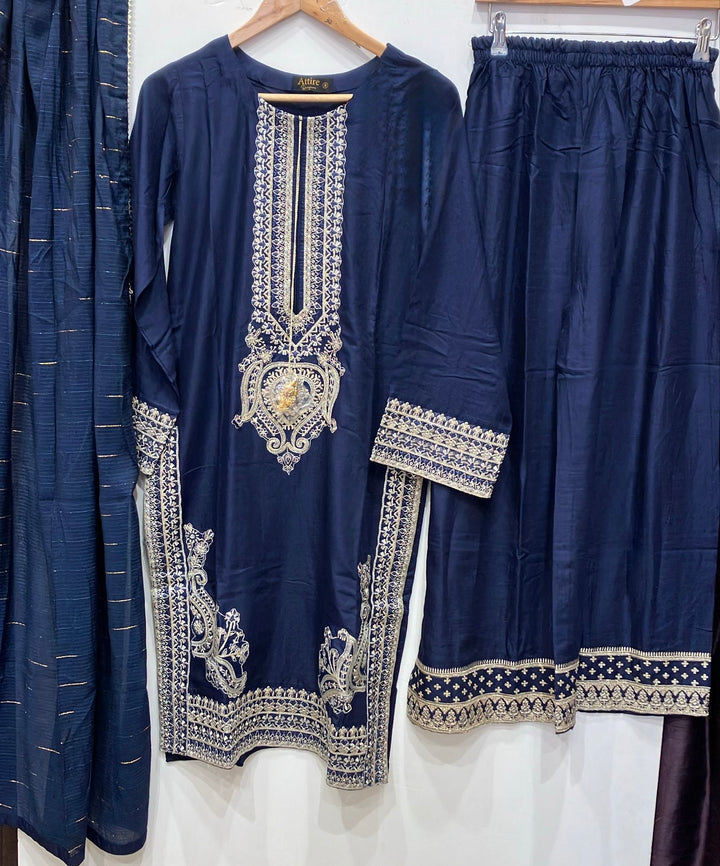 1176A - BLUE LINEN EMBROIDERED 3 PIECE SUIT
