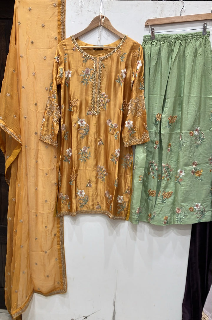 333E - Embroidered Shamoz Silk 3 Piece Suit - East meets west clothing 