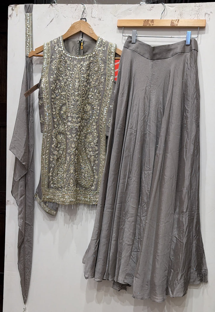 3113A - Girls’ Grey Embroidered Sharara Set with Dupatta