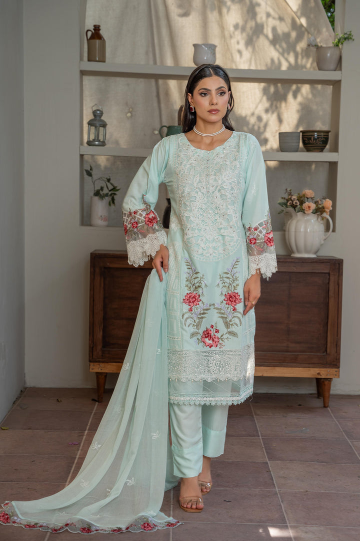 1141C - Light Blue Embroidered Linen 3 Piece suit