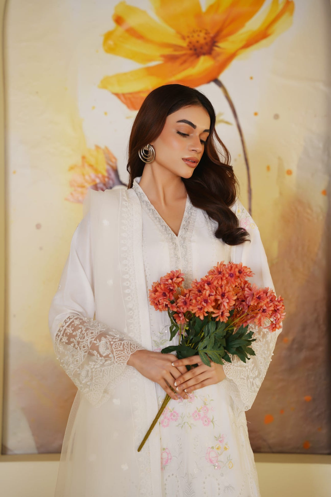 1165C - White Embroidered Linen Chikankari 3 Piece suit