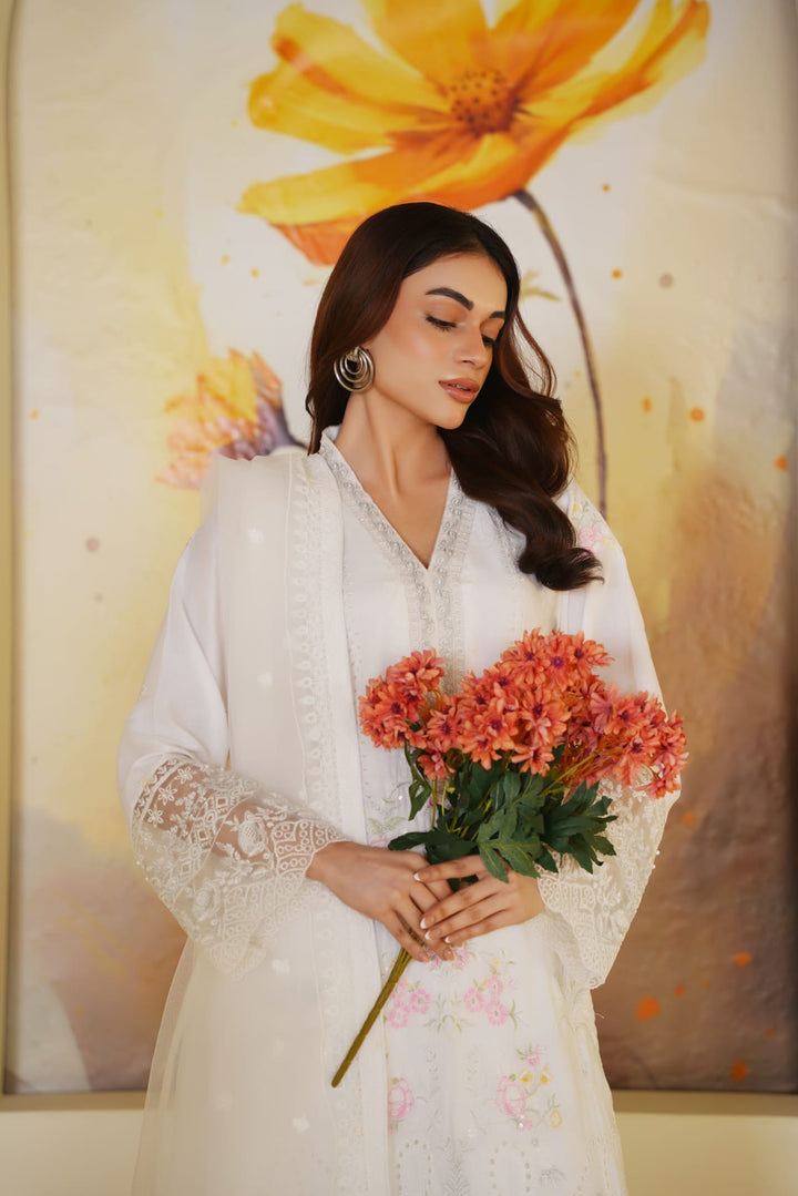 1165C - White Embroidered Linen Chikankari 3 Piece suit