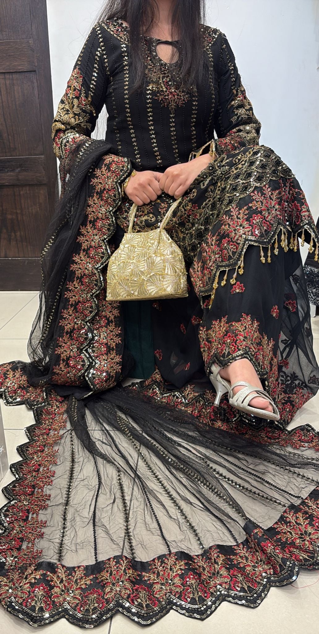 379B - BLACK EMBROIDERED CHIFFON SHARARA SUIT