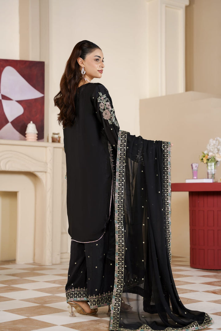 333B - Black Embroidered Shamoz Silk 3 Piece Suit