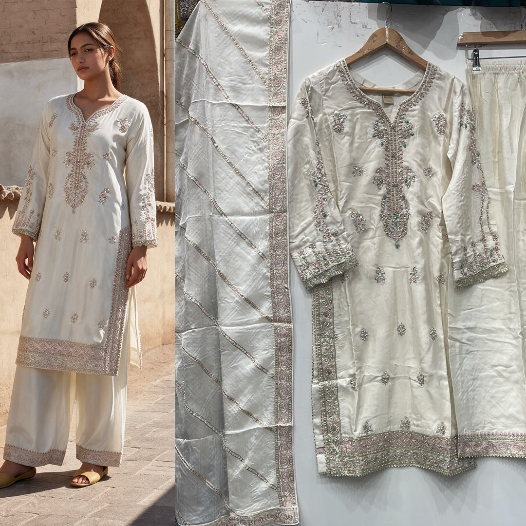 2005A - Ivory Viscose Silk Adda Hand Work Pakistani Suit - East meets west clothing 