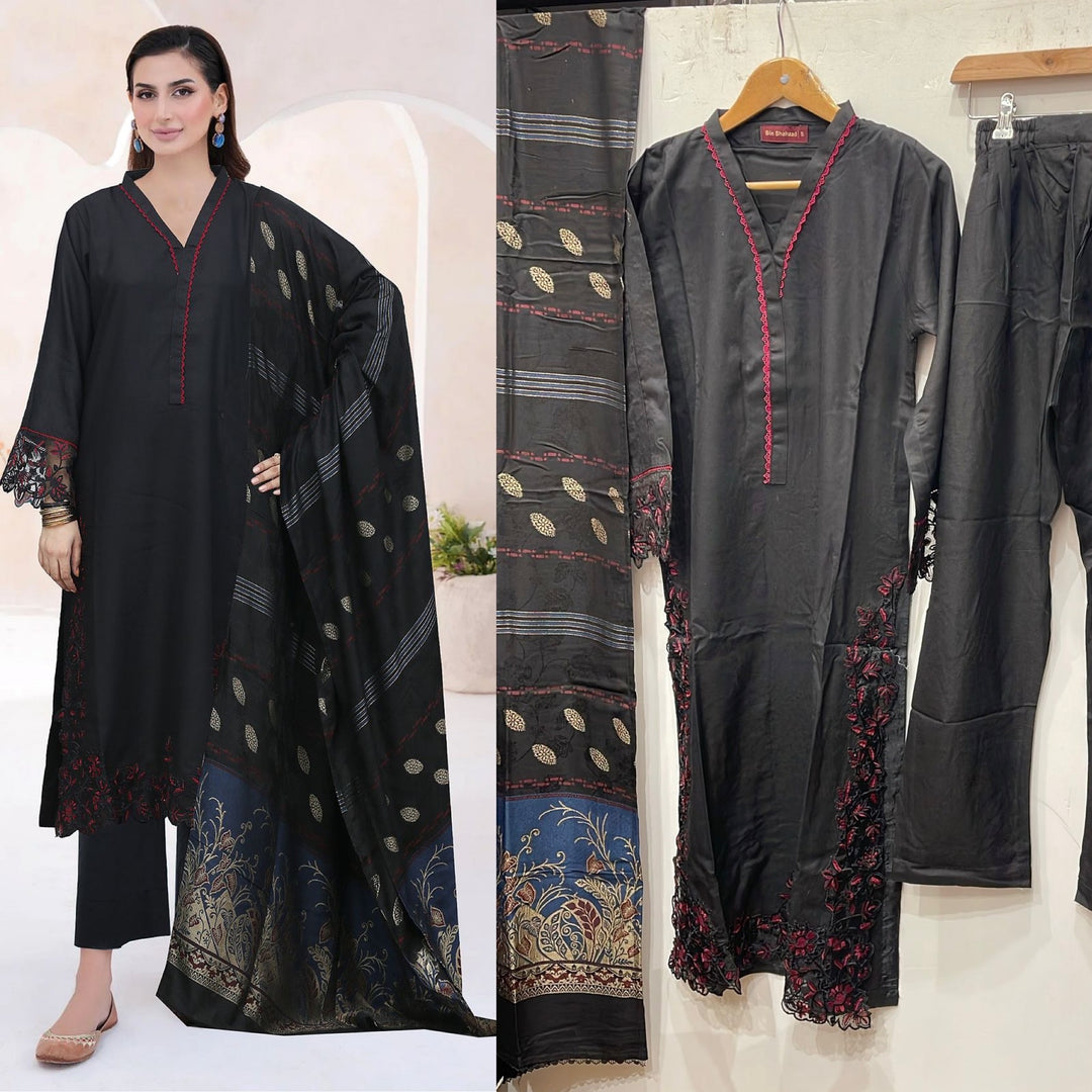 DL03- BLACK DHANAK LINEN EMBROIDERED SUIT
