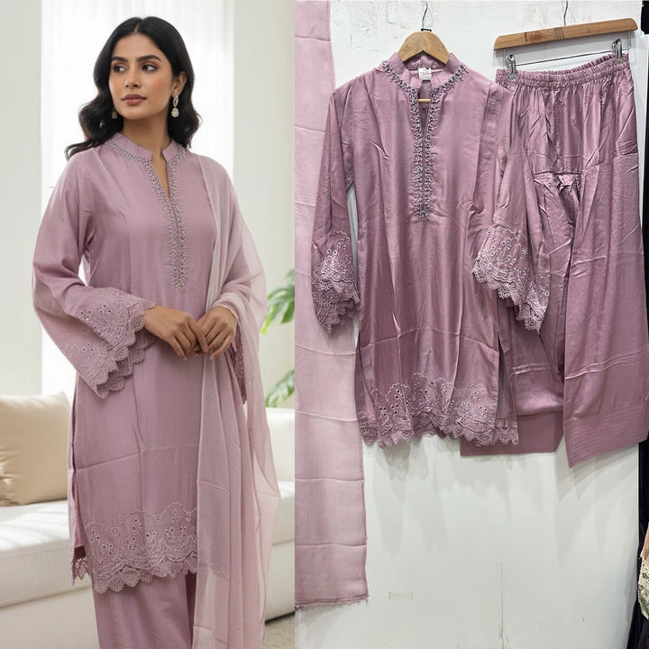 NF02 - Mauve Farshi Shalwar Embroidered linen suit