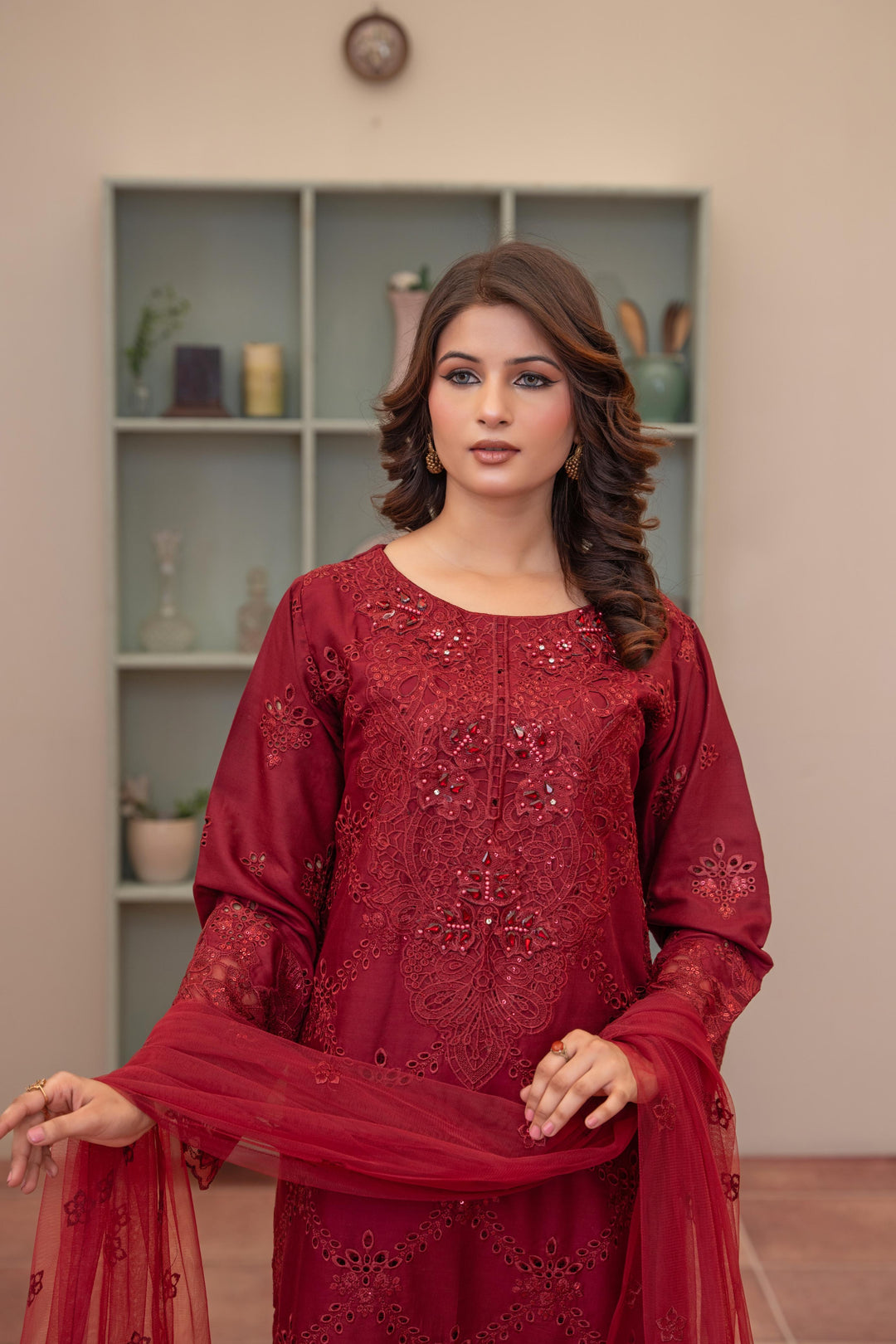 74J - Maria b inspired Red Farshi Shalwar Embroidered Linen suit