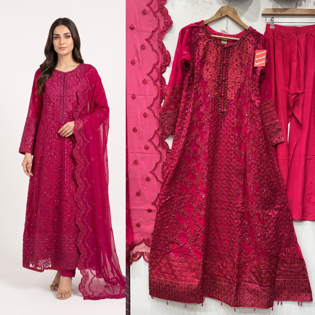 1915A - FUCHSIA PINK CHIFFON EMBROIDERED LONG DRESS - East meets west clothing 