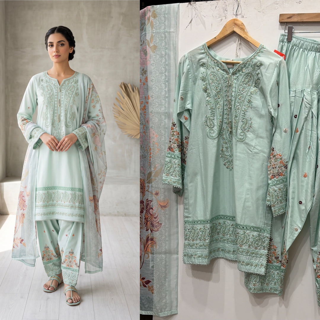 1130C - Mint Green Viscose Shirt with Farshi Shalwar & Chiffon - East meets west clothing 