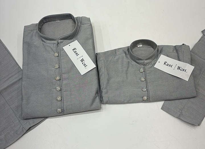 CK603G- Grey cotton satin kameez set for Men & Boy