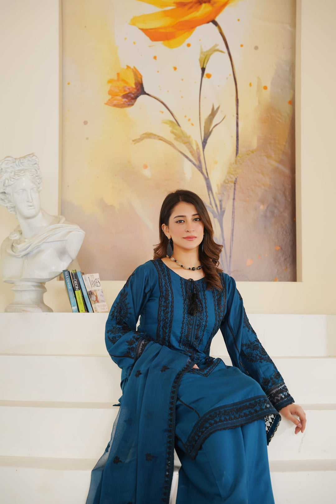 1171B - TEAL BLUE LINEN EMBROIDERED 3 PIECE SUIT