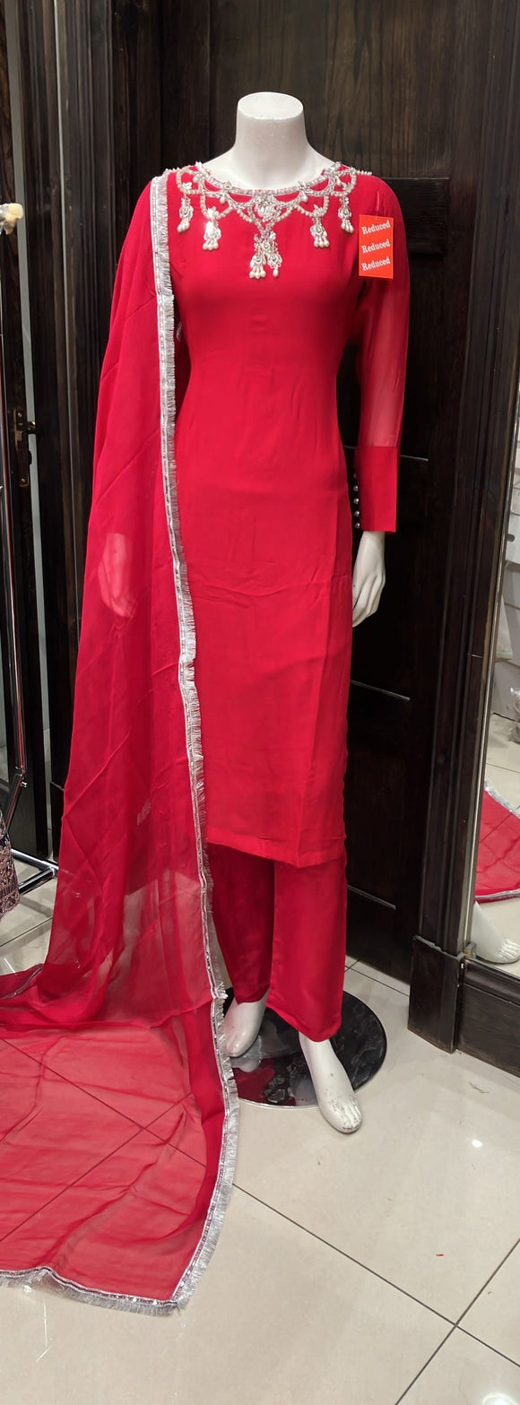 RED EMBROIDERED CHIFFON 3 PIECE SUIT 392A