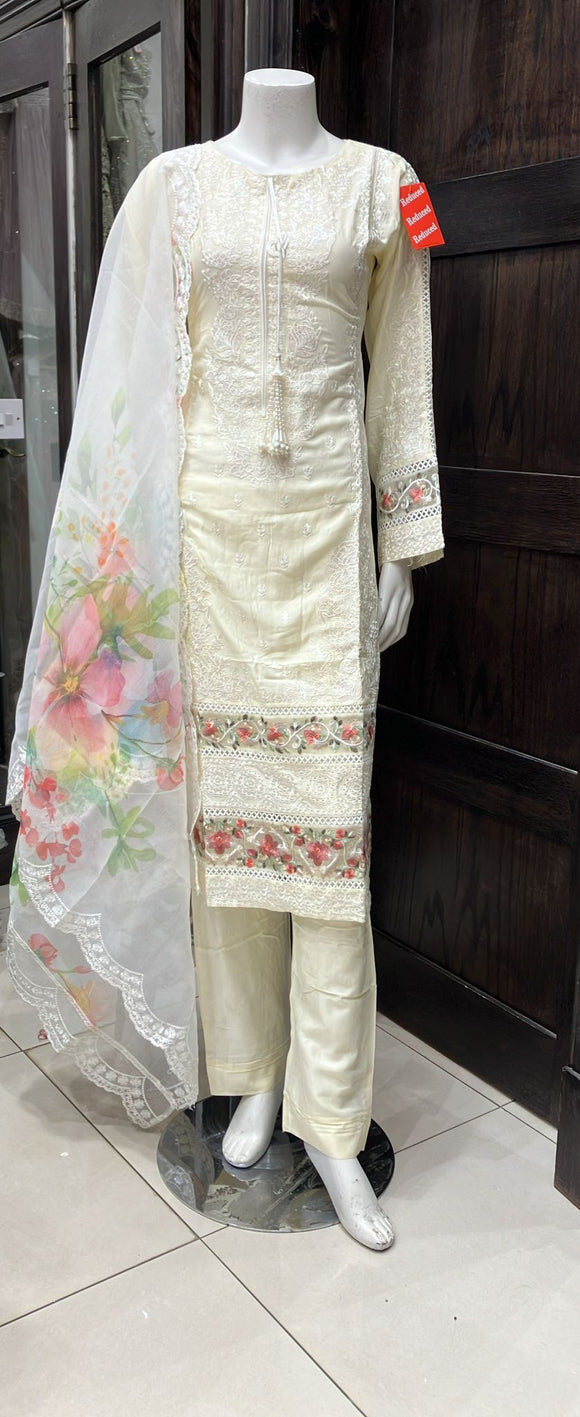 EMBROIDERED LINEN CHIKANKARI 3 PIECE SUIT 081C