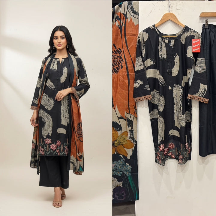 PL03 - EMBROIDERED LINEN PRINT 3 PIECE SUIT