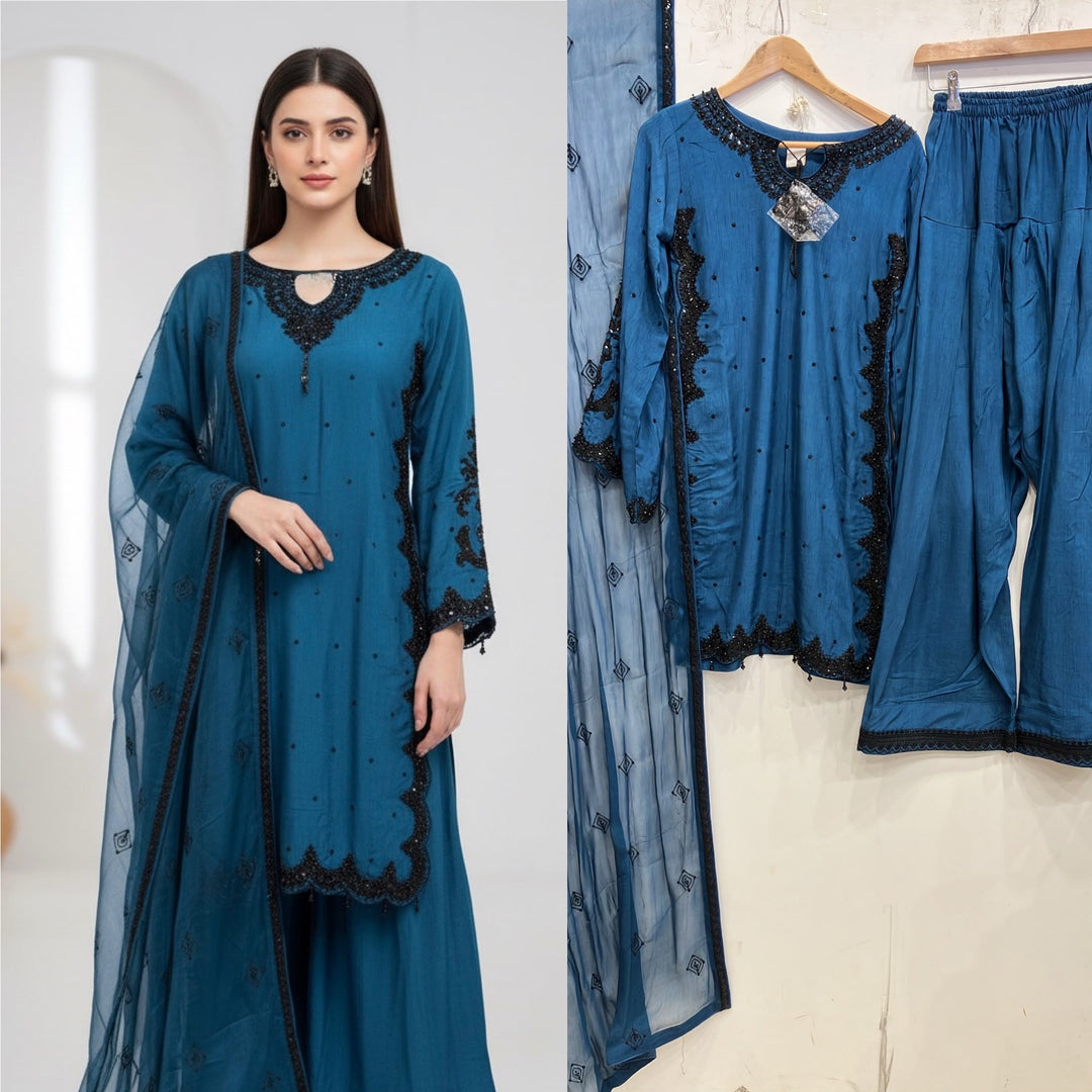 367B- Blue Embroidered Silk Farshi Shalwar 3 Piece Suit