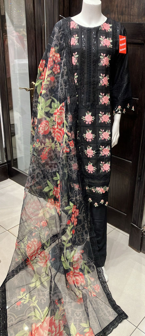 BLACK EMBROIDERED LINEN CHIKANKARI 3 PIECE SUIT 083C