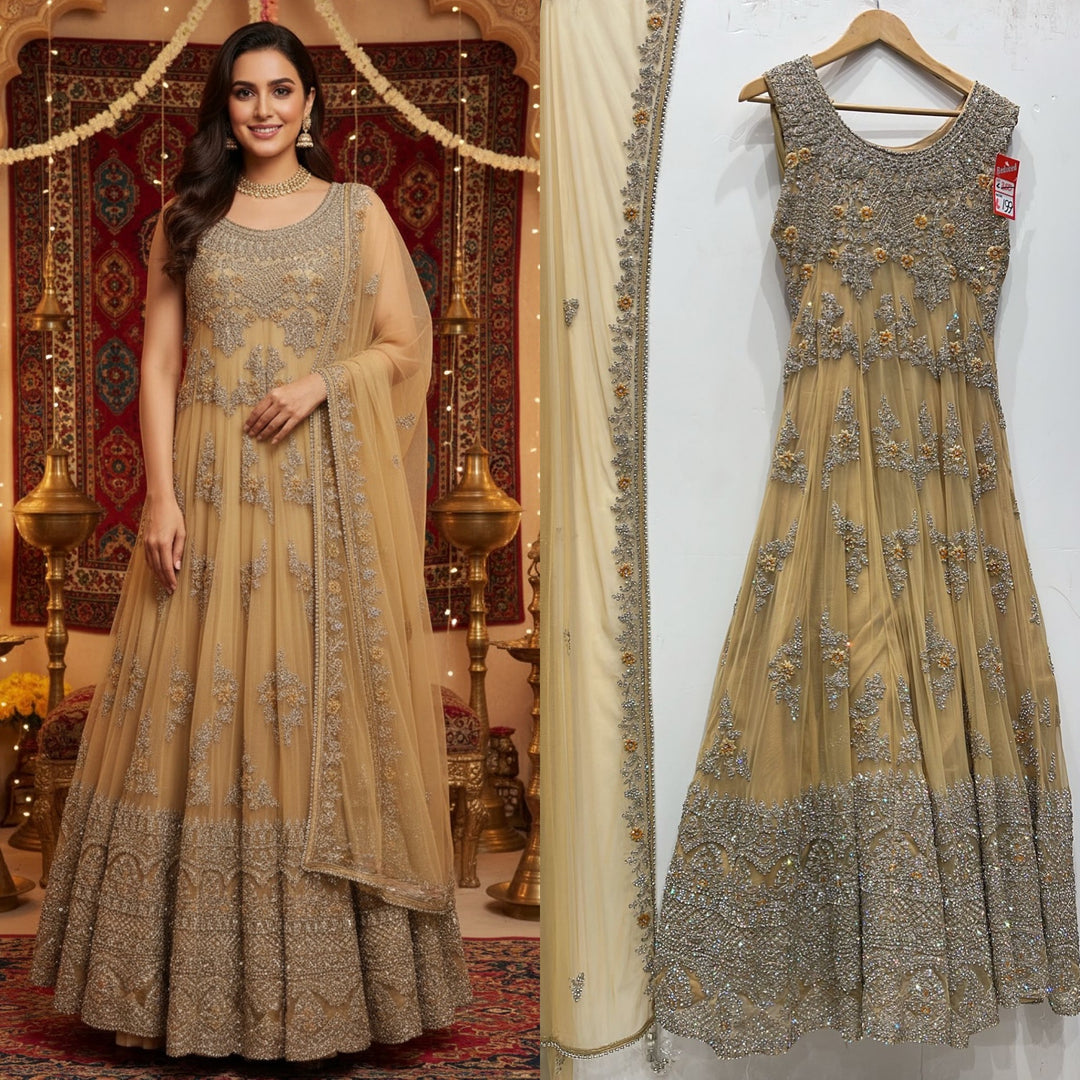 7015D- Gold Embroidered & Embellished net long dress