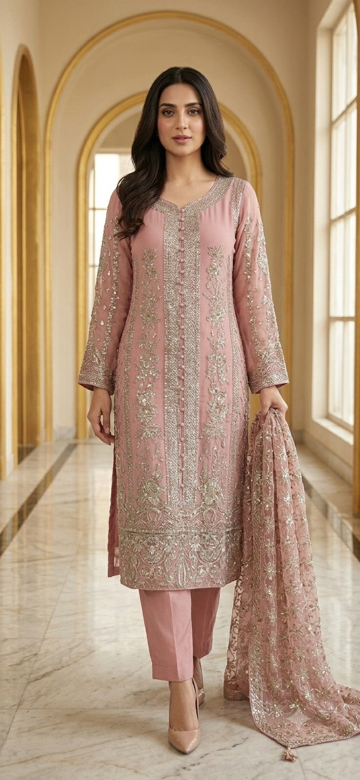 317B - DUSTY PINK EMBROIDERED CHIFFON 3 PIECE SUIT