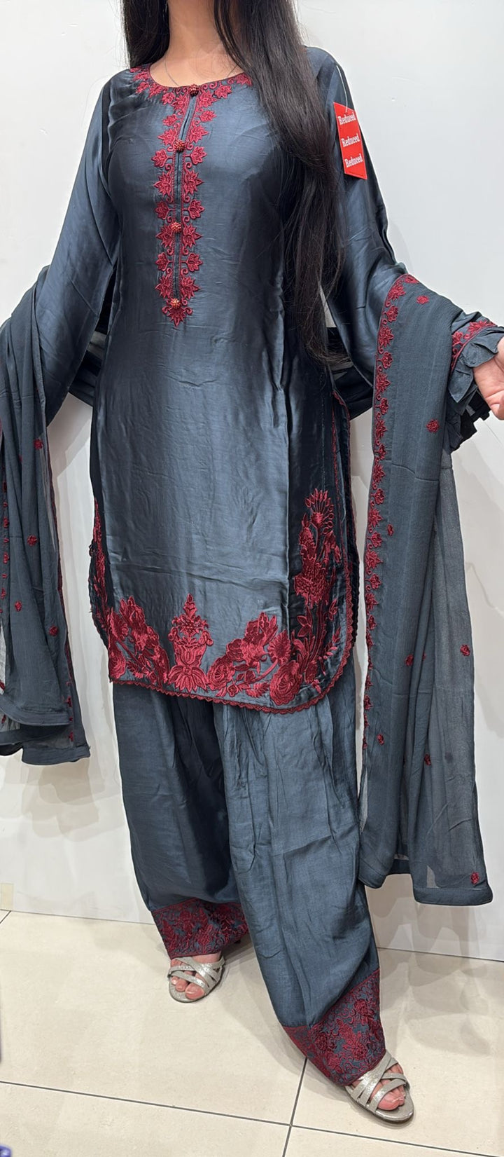 FN14 - TEAL GREY FARSHI SHALWAR EMBROIDERED SILK SUIT