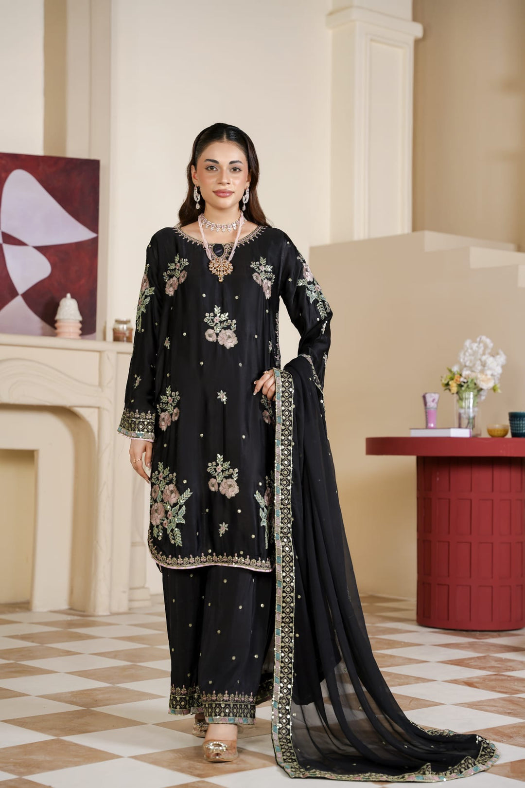 333B - Black Embroidered Shamoz Silk 3 Piece Suit