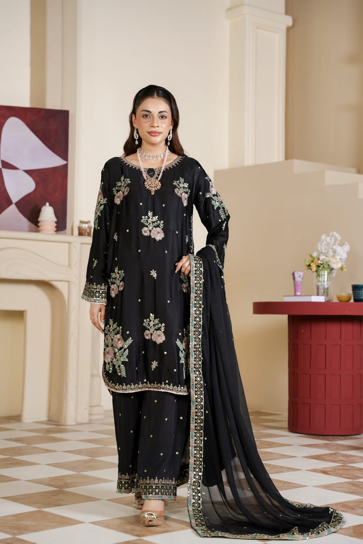 333B - Black Embroidered Shamoz Silk 3 Piece Suit