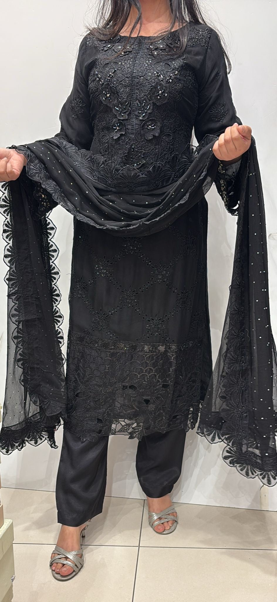 355D - Maria b inspired Black Embroidered chiffon suit