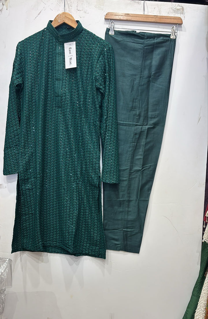CK709 - Green Cotton Chikankari Set for Boys and Men