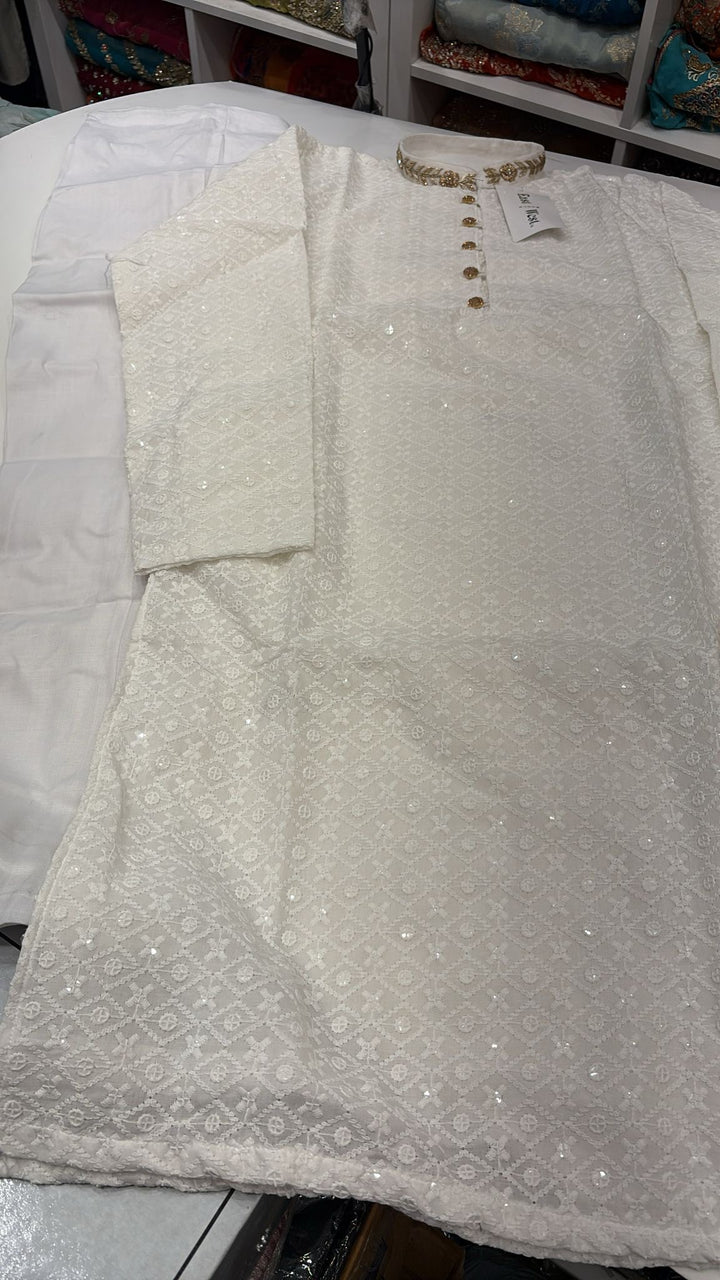 CK727 - White Chikankari Set for Boys and Men