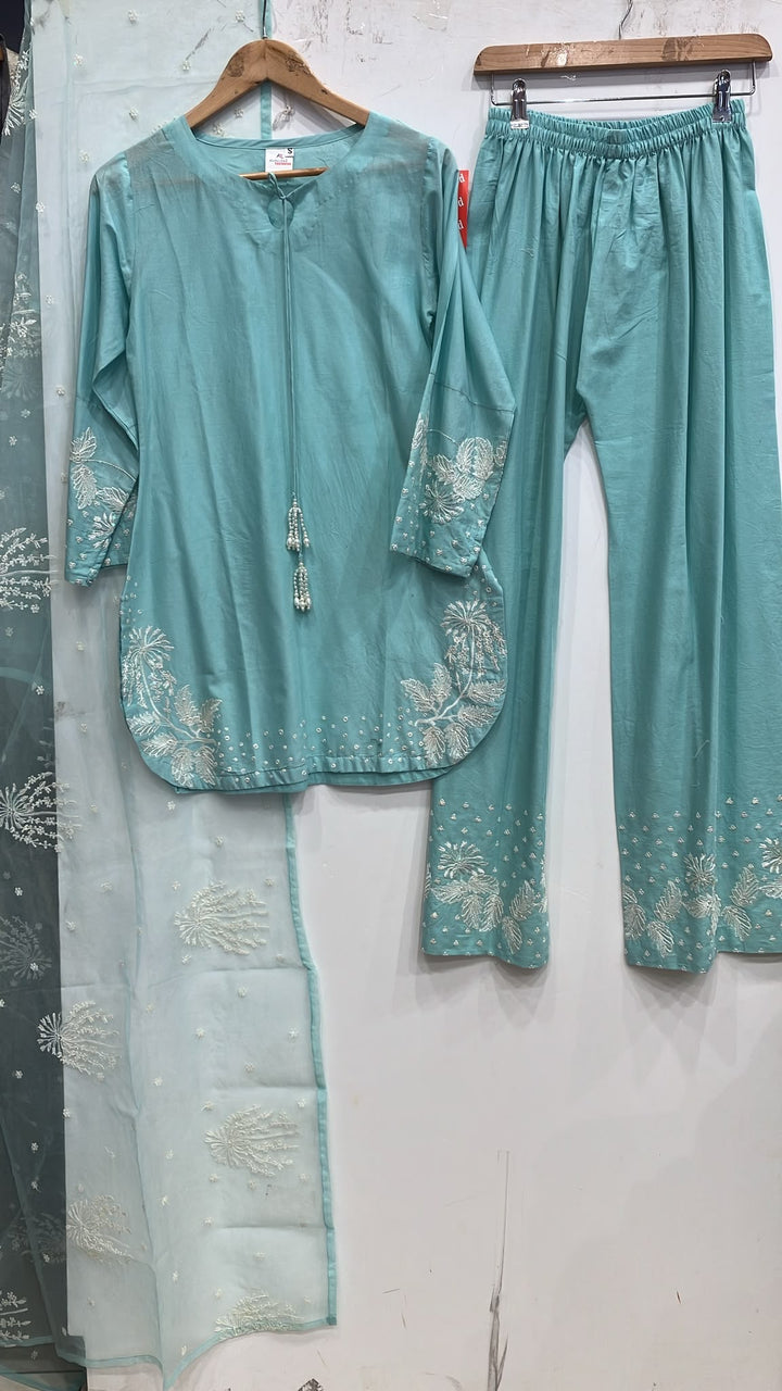 1179E - Aqua Embroidered Viscose 3 Piece suit