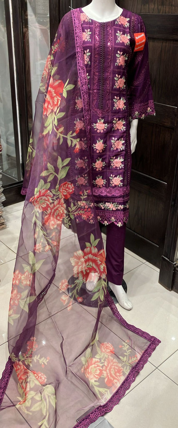 PURPLE EMBROIDERED LINEN CHIKANKARI 3 PIECE SUIT 083D