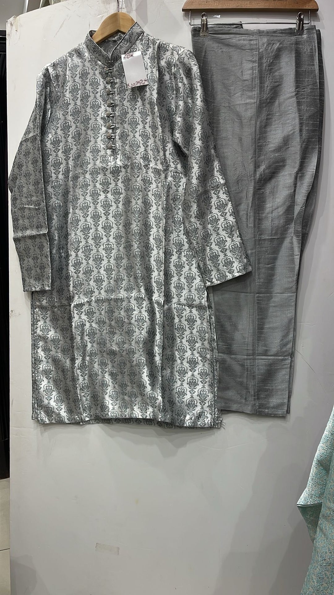 JN611b - Grey Jacquard Silk kameez set for Men & Boys