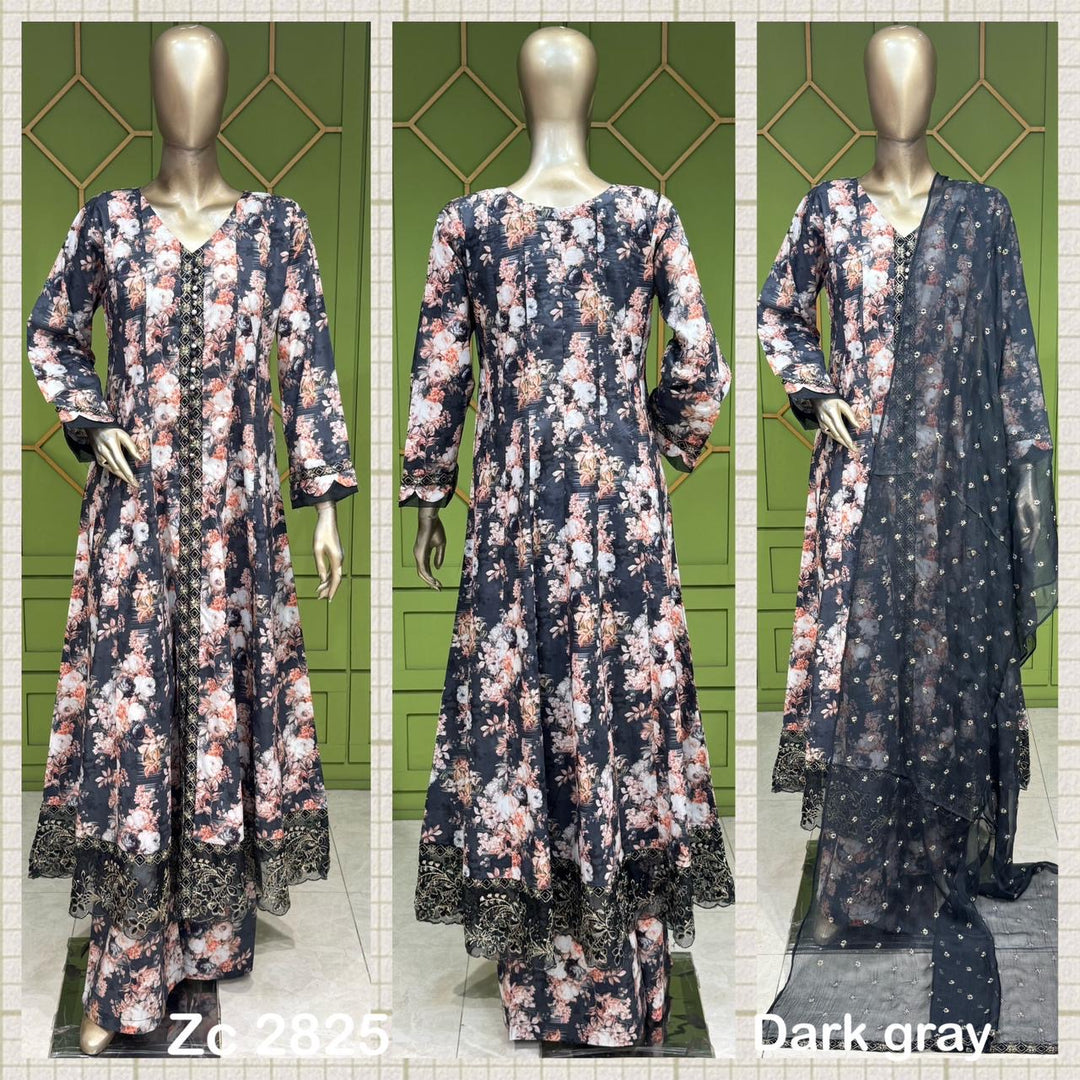 ZC2825D - Black Embroidered Cotton 3 Piece suit