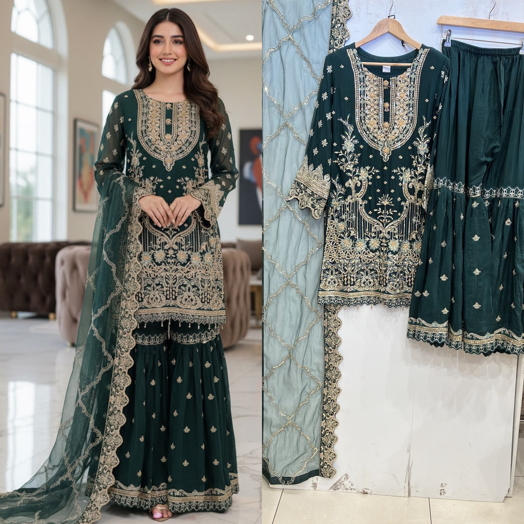 359B - Green Embroidered Chiffon Gharara 3 Piece Suit