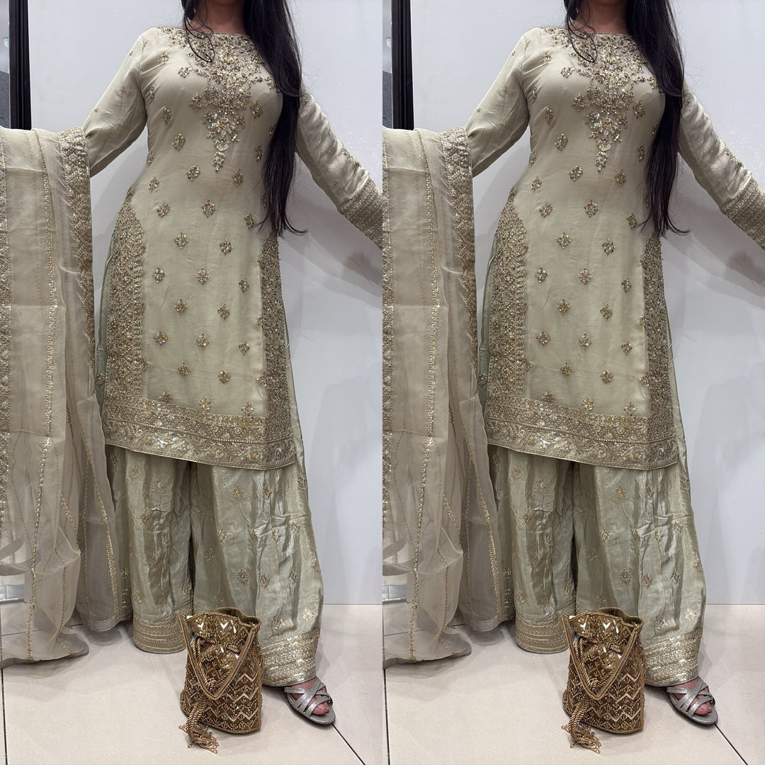 363D- LIGHT GREEN CHIFFON EMBROIDERED 3 PIECE SUIT