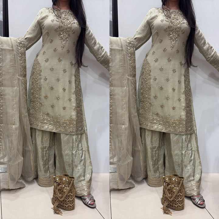 363D- LIGHT GREEN CHIFFON EMBROIDERED 3 PIECE SUIT