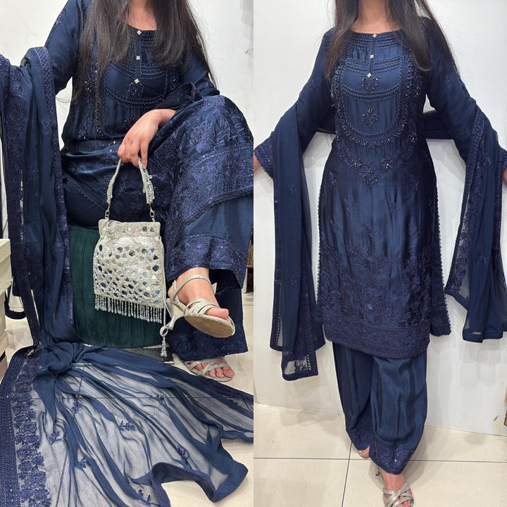 AG23a- BLUE EMBROIDERED SILK 3 PIECE SUIT