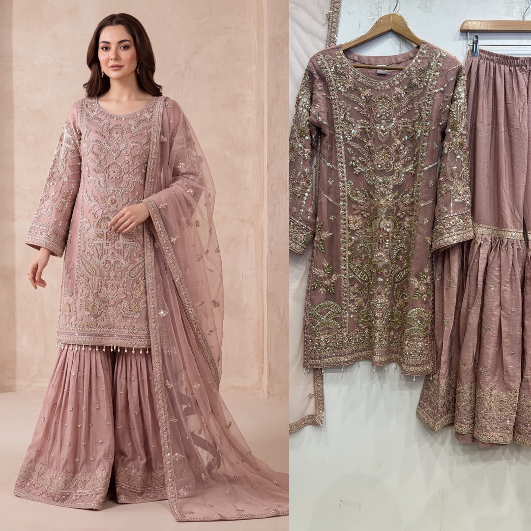 353B - Pink Embroidered Chiffon Gharara 3 Piece Suit