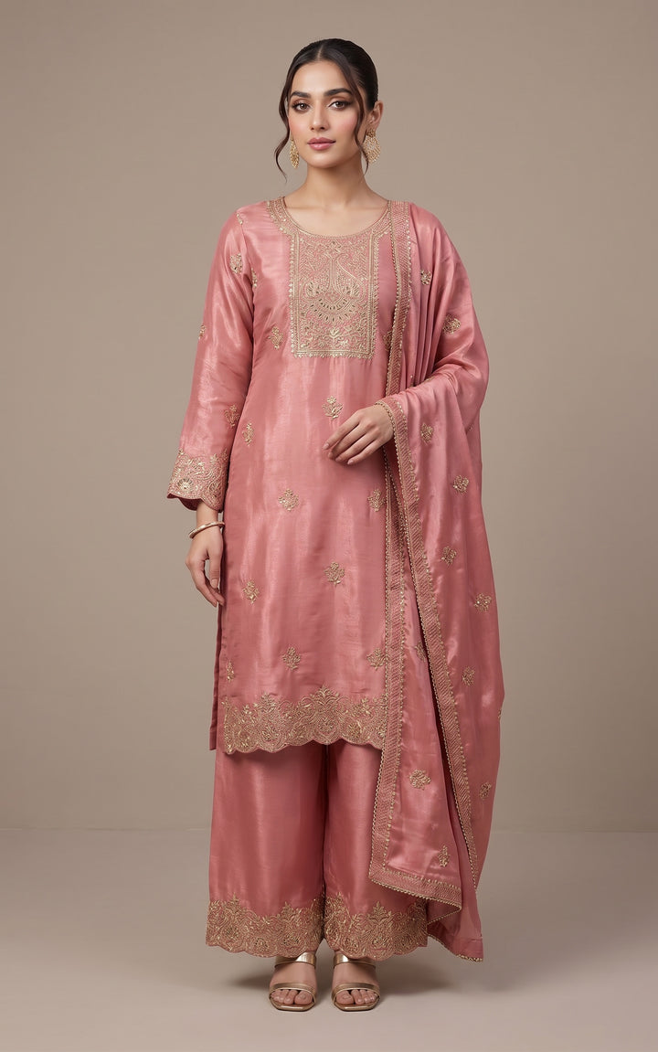 315A- ROSE PINK EMBROIDERED SHIMMER SILK 3 PIECE SUIT