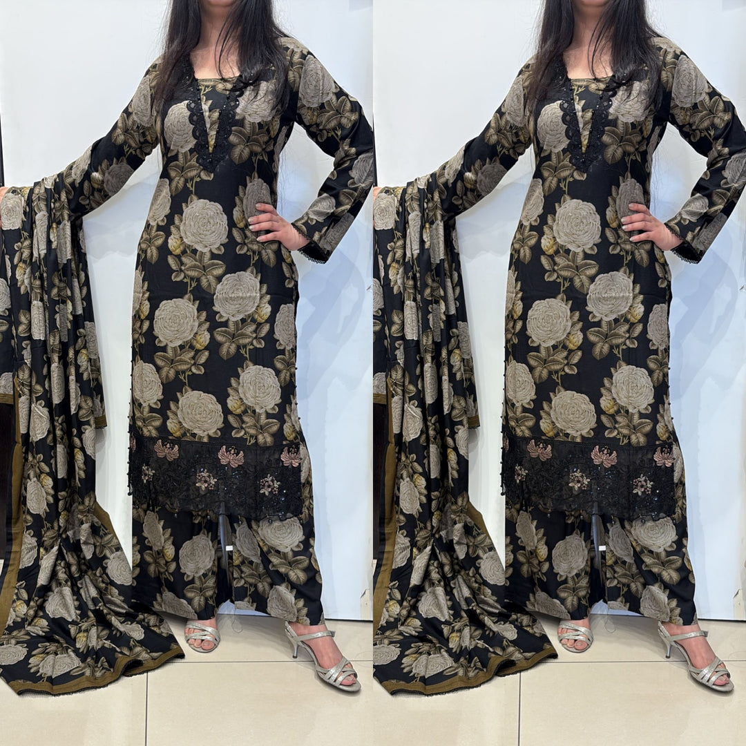 EMBROIDERED PRINT KHADDAR 3 PIECE SUIT 091C