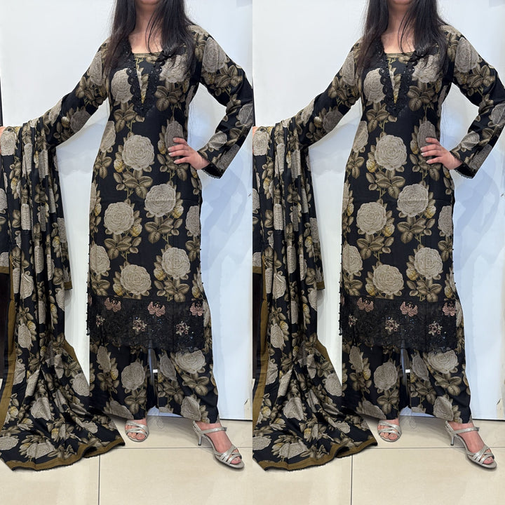 EMBROIDERED PRINT KHADDAR 3 PIECE SUIT 091C